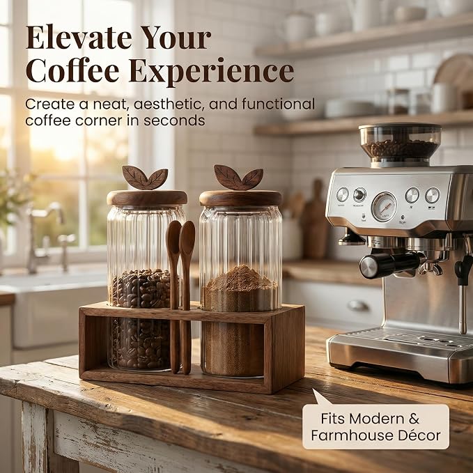 Glass Coffee Canister Set of 2 with Acacia Wood Lids and Spoons - Airtight Coffee Container for Ground Coffee, Sugar - Coffee Bar Accessories with Organizer Tray for Kitchen Counter (40floz Each)