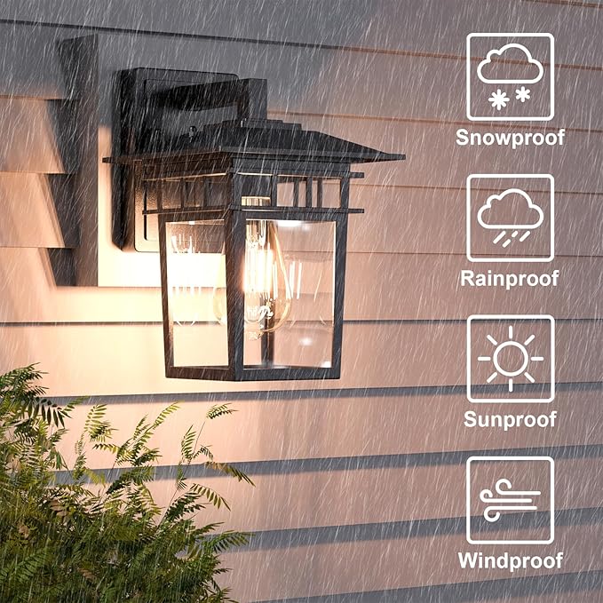 ChangM Outdoor Wall Light Fixtures,Sensor Porch Lights, Outdoor Waterproof Wall Sconce Light Fixture with E26 Base and Glass Lampshade,Black Anti-Rust Aluminium Modern Outdoor Wall Lantern 2 Pack