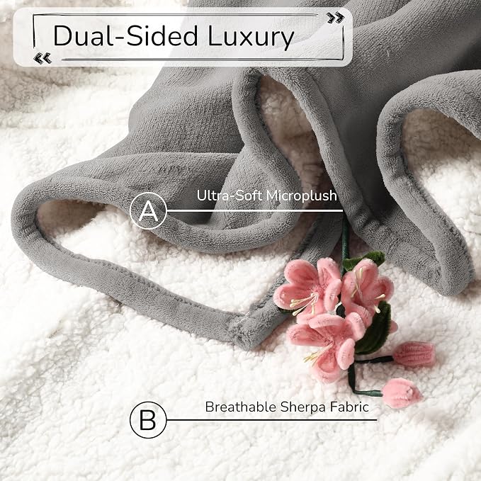Electric Heated Blanket 84"x90" Queen Size, Dual-Sided Microplush Sherpa for Bedroom Couch Use, 4 Heat Settings & 10 Hours Auto Off Energy Saving, Dual Controller, Machine Washable - Light Gray