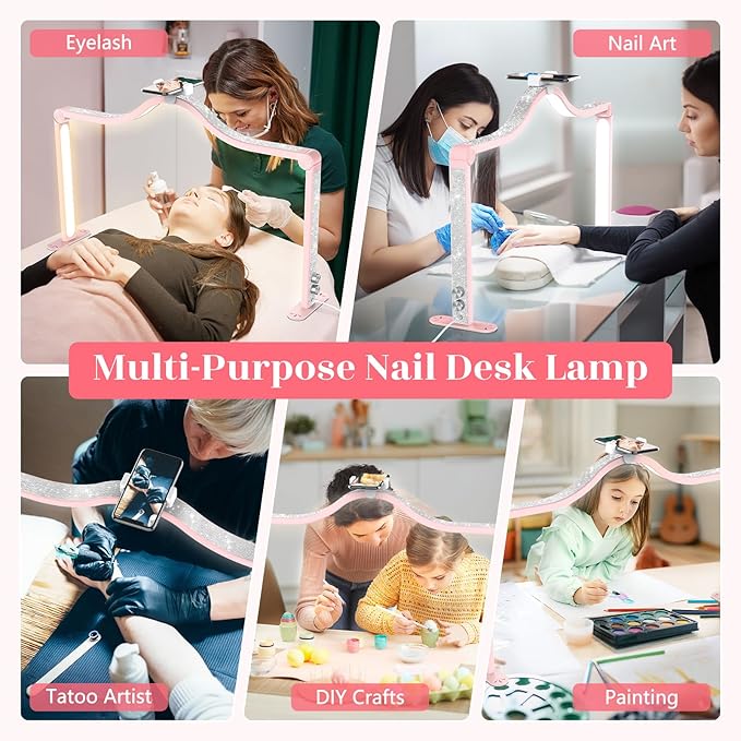 Yokilly Arc Half Moon Light: 34" Shadow-Free Half Moon Light for Desk Salon - Foldable LED Desk Lamp with Stepless Brightness for Manicurist (Pink)