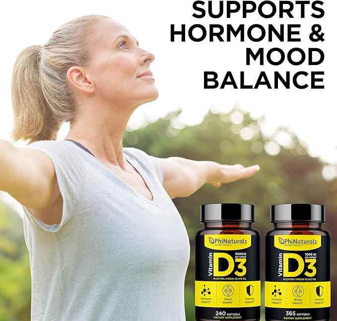 PhiNaturals ビタミンD3 1000IU ソフトジェルサプリメント オリーブオイルベース 365ジェルカプセル 1年分 VIT D、ビタミンD3 1000IU