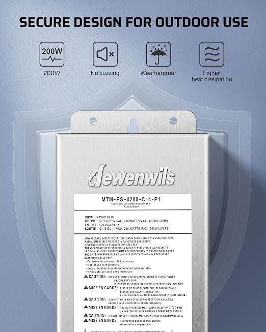 DEWENWILS 200W Low Voltage Transformer, 120V AC to 12V/13V/14V AC, for Landscape and Pool Lights, Spa, Underwater Fountain Lights
