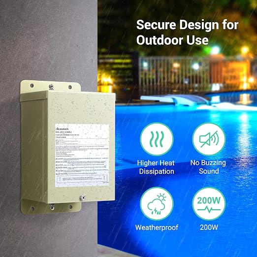 DEWENWILS 200W Low Voltage Landscape Transformer, Pool Light Transformer 120V to 12V/13V/14V AC, Swimming Lighting, Spa & Fountain Lights, Outdoor Use, Waterproof