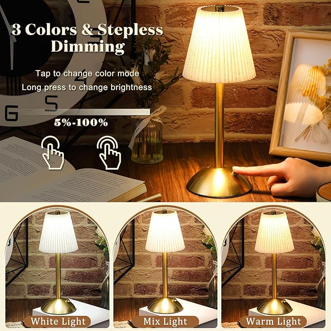 Liliful 2 Pcs Cordless Table Lamp Rechargeable Touch LED Small Gold Portable Battery Operated USB-c Desk Lamp 3 Color Dimmable for Bedroom Living Room Dining (Gold,Linen Fabric)