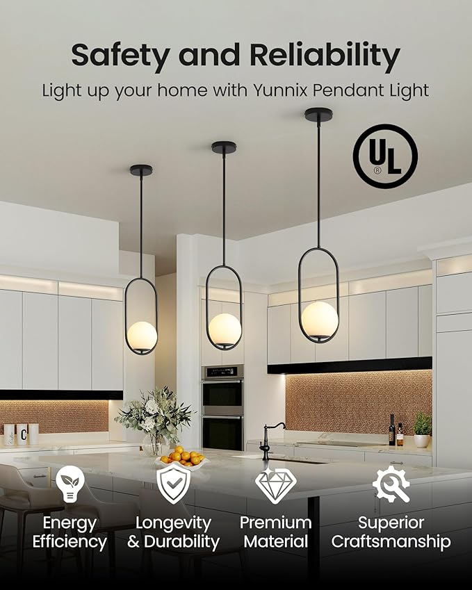 Yunnix Pendant Lights Kitchen Island, Pendant Light Fixtures, 2 Pack Modern Black Globe Glass Pendant Lighting, Mid Century Chandelier One Light for Bathroom Bedroom Dining Room