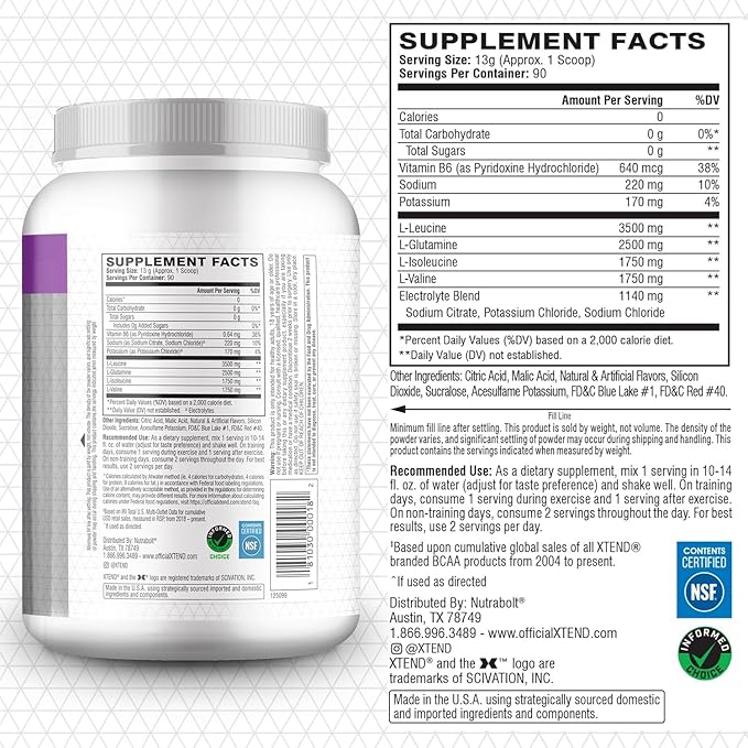 Xtend Original BCAA Powder, 7g BCAAs and 2.5g L-Glutamine for Muscle Recovery Hydration and Lean Muscle, Sugar Free Intra and Post Workout Drink with Electrolytes, Glacial Grape, 90 Servings
