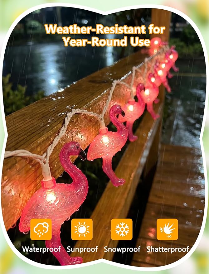 8.5Ft Pink Flamingo String Lights Plug in, Summer Decorative String Lights with 10 LED Flamingo Decor Lights, Tropical Beach Light Waterproof for Bedroom Patio Hawaiian Tiki Luau Party Summer Decor