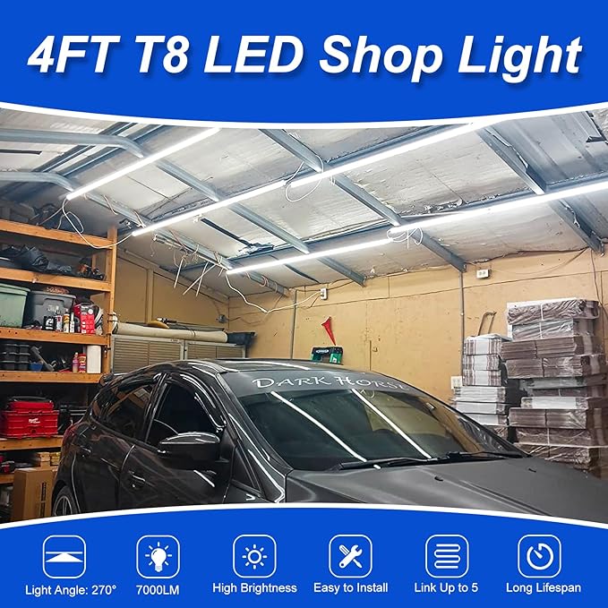 XLNYUUI Led Shop Lights,4FT LED Light 50W 6500K 7000LM Led Daylight,Garage Light Linkable Clear Cover Integrated V-Shape for Garage Warehouse Workbench Workshop(8-Pack)