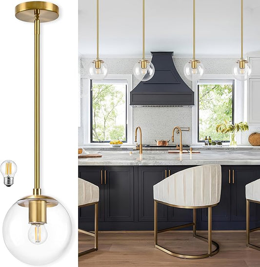 Bagood 6 Inch Globe Pendant Light Gold Mid Century Pendant Light Contemporary Globe Pendant Lights Kitchen Island Clear Glass with Brass Finish Adjustable Hanging Light Fixture for Kitchen Island