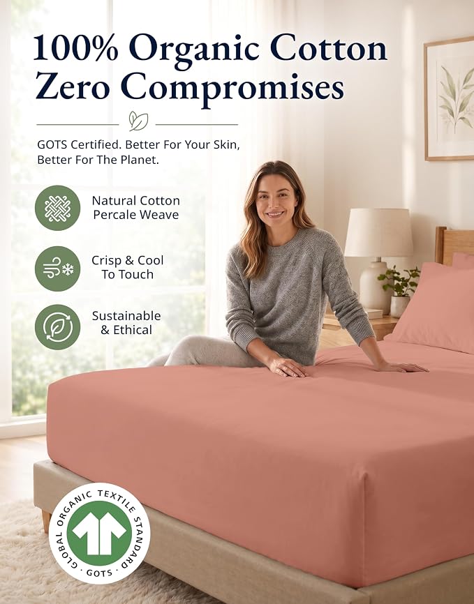 LANE LINEN King Size Fitted Sheet, 100% Organic Cotton, 3-Piece Set (1 Fitted Sheet,2 Pillowcases), Percale Weave, Ultra Soft, Breathable,Fits Mattress Upto 15" Deep - Rose Dawn (No Flat Sheet)