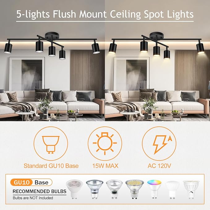 BoostArea 5 Light Track Lighting Kit, Black 5 Way Ceiling Spot Lighting, Center Swivel Track Light Heads, Flexibly Rotatable Light Head for Kitchen, Living Room, Bedroom, GU10 Bulb Not Included