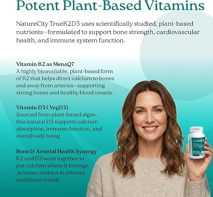 NatureCity TrueK2D3 Vitamine K2 MK7 d'origine végétale (90 mcg) et D3 issue d'algues (2 500 UI) 2 en 1 - Complément de Vitamine D3 K2 pour la santé des os, du cœur et du système immunitaire – 60 Gélules Végétales