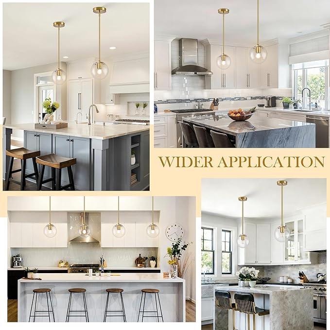 Bagood 6" Globe Pendant Light Gold 2 Pack Mid Century Pendant Light Globe Pendant Lights Kitchen Island Brushed Brass Finished with Clear Glass Adjustable Ceiling Light Fixtures for Dining Room Bar