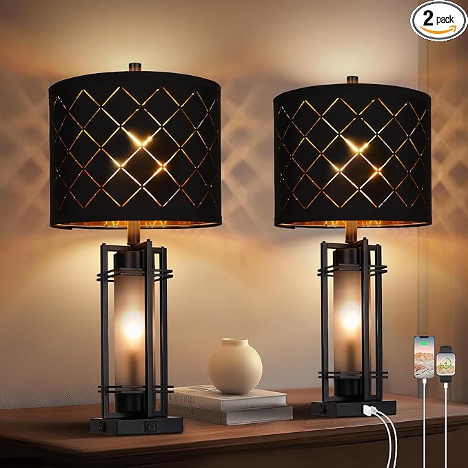 Modern Table Lamp Set of 2, Nightstand Lamps with Black Grid Shade, Bedside Lamps with USB A+C Charging Ports, Decorative Table Lamp, Square Base, Desk Lamps for Living Room, Bedroom, 2 Bulbs Included
