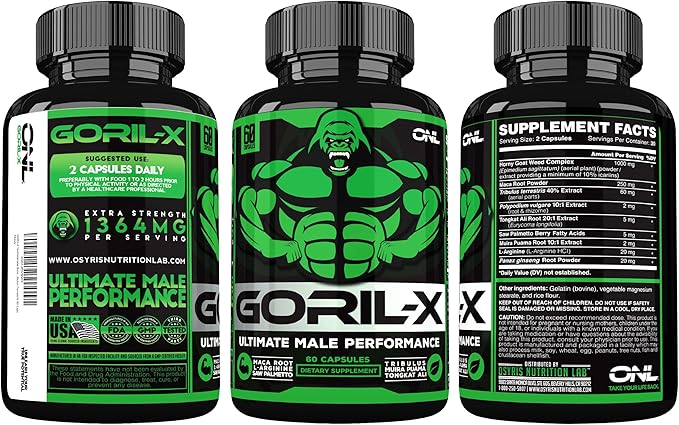 GORIL-X Testosterone Booster for Men - Workout Testosterone Supplements - Increase Size, Strength & Energy - 1000mg Male Enhancing Horny Goat Weed, Maca Root, Tongkat Ali & Tribulus Formula - 60 Caps
