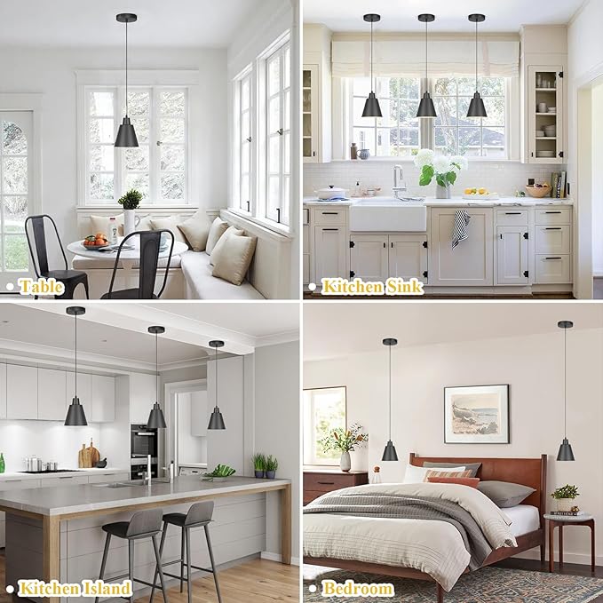 Industrial Pendant Lights, Black Pendant Light Fixtures, Vintage Kitchen Island Light with Black Metal Shade, Farmhouse Pendant Lights for Dinning Table Bedroom Bar - Black, 3 Packs