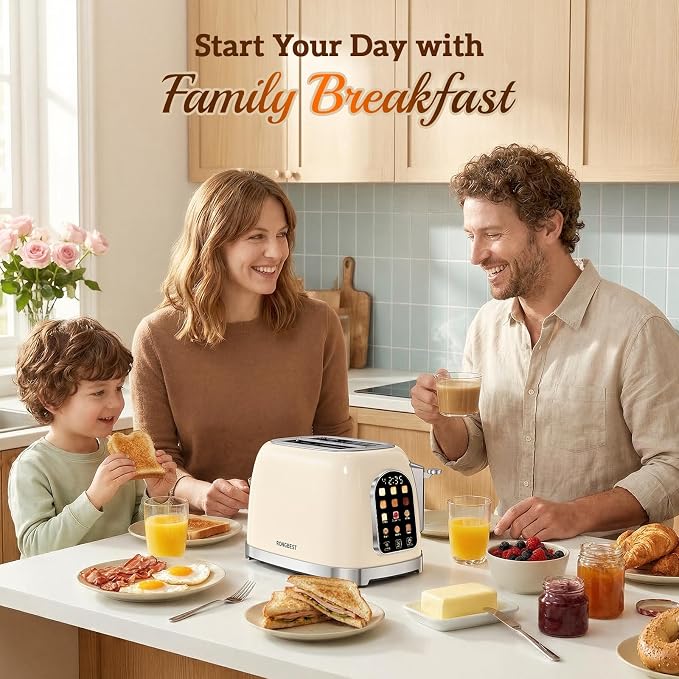 RONGBEST Retro 2 Slice Touchscreen Toaster with Stainless Steel Wide Slot for Breakfast Bread Bagel, Reheat & Defrost, 6 Browning Levels, Removable Crumb Tray, Cream Color