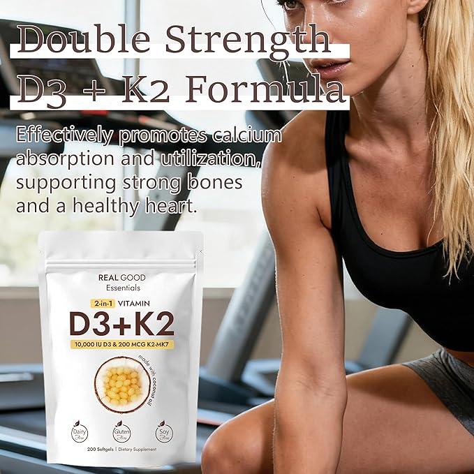 Real Good Essentials Vitamine D3 K2 10000 UI, 200 gélules d'huile de noix de coco vierge, complément vitaminique D & K 2 en 1 (inclut MK7), facile à avaler, soutient l'absorption du calcium, la santé osseuse (1 pièce)