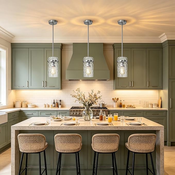 5.5" Brush Nickel Hammered Glass Pendant Light Fixtures, Brushed Nickel Kitchen Pendant Lights, Modern Kitchen Island Light Dining Room Light Farmhouse Island Lights Sink 2 Pack