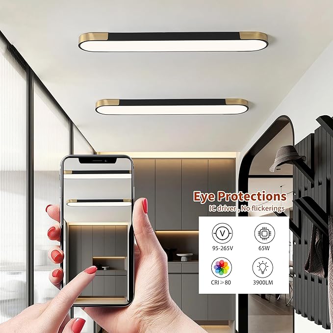Qcyuui 4.59FT LED Flush Mount Kitchen Light Fixtures 65W Dimmable Flush Mount Ceiling Light Fixture Black and Gold Led Ceiling Light Linear LED Ceiling Lamp for Laundry Shop Garage Office