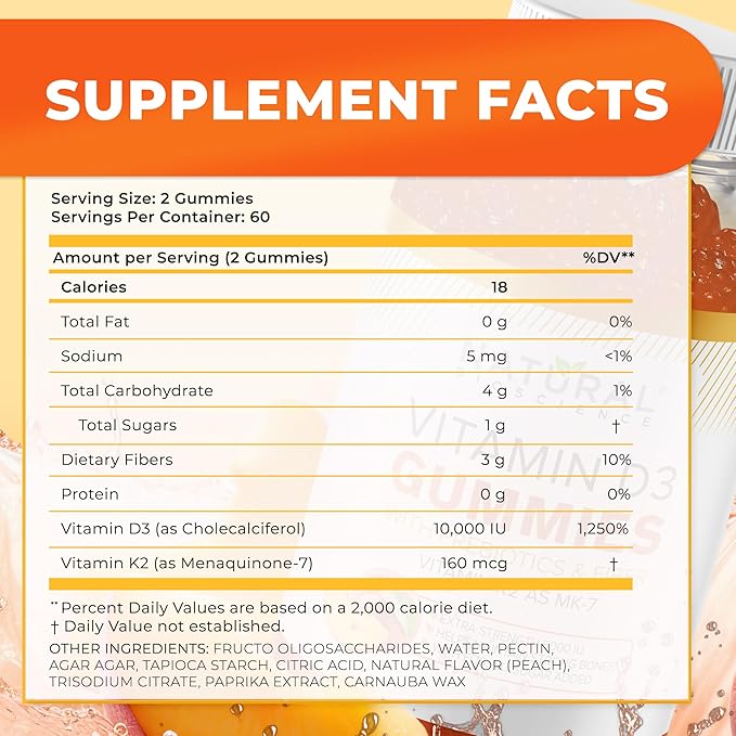 Gummies de vitamine D3 10000 UI et vitamine K2 - Extra fortes, sans sucre, haute absorption - Soutien des os, des articulations, de l'immunité, du cœur, du cerveau et de l'humeur - Sans OGM, sans gluten, à base de fibres avec prébiotiques, 30 gommes