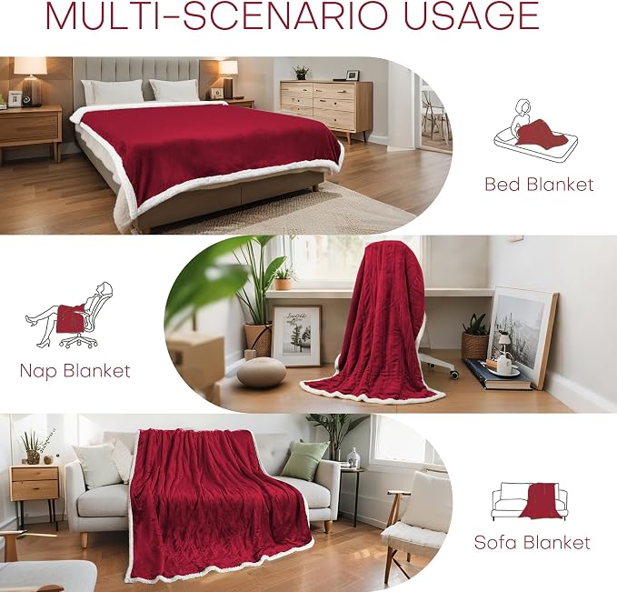 Electric Heated Blanket 62"x84" Twin Size, Dual-Sided Flannel & Sherpa, 9 Heat Settings & 1-10H Auto Off, Soft Warm for Home Office Bed Couch, Machine Washable, ETL Certified, Wine Red