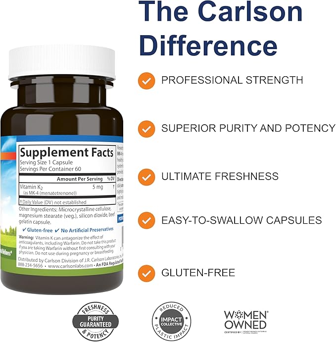 Carlson - Vitamine K2, MK-4 (Ménatétrénone), Supplément de Vitamine K, Santé Osseuse et Cardiaque, Vitamine K2, Sans Soja, 60 gélules