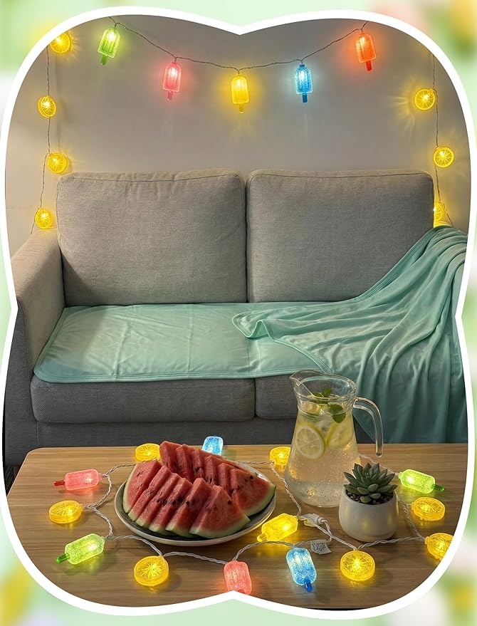 8.5FT Popsicle and Lemon String Lights, Tropical Beach Decorations Lights with 10 Multicolor Popsicle Lemon Bulbs, UL Listed Waterproof Fairy Lights for Summer Party Patio Bedroom Holiday Camping