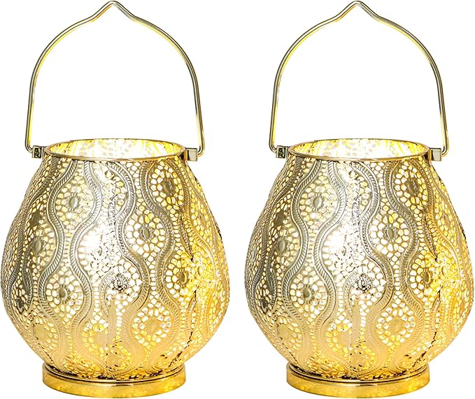 TRIROCKS Set of 2 Moroccan Decorative Lamps 8'' High Cordless Lamp Metal Table Lamps with Fairy Lights Bulb for Home Living Room Garden Yard Party Events Tabletop Indoor Outdoor(Gold)