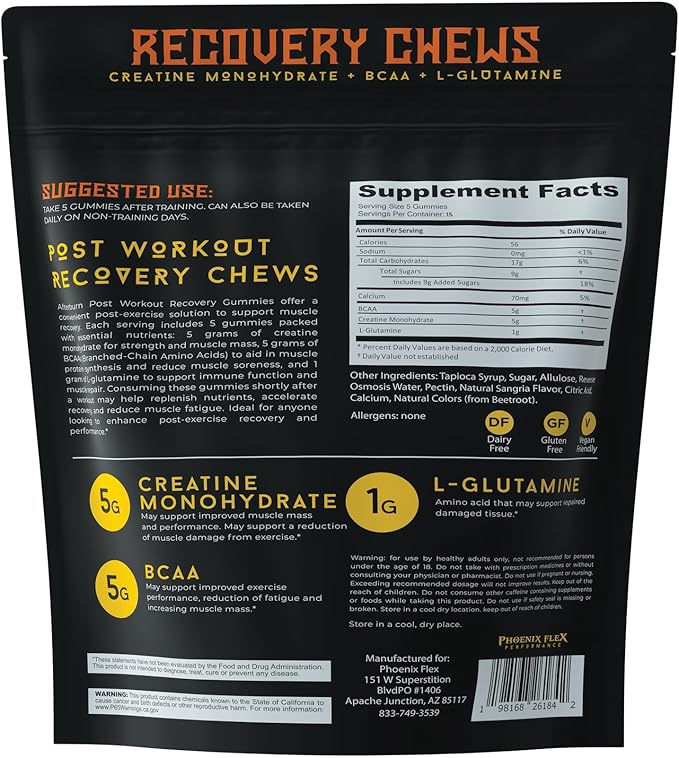 After Burn Creatine Monohydrate Chews - BCAAs & L-Glutamine - Gummies - Pre/Post Workout Recovery for Men & Women - Strength Energy Endurance - Muscle Growth - Immune Function