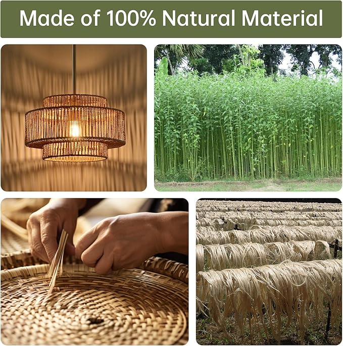 12.4” Boho Rattan Chandelier for Dining Room, 1-Light Hand Woven Farmhouse Pendant Light Fixture, Coastal Wicker Hanging Ceiling Light for Kitchen Island Living Room Bedroom Entryway Foyer
