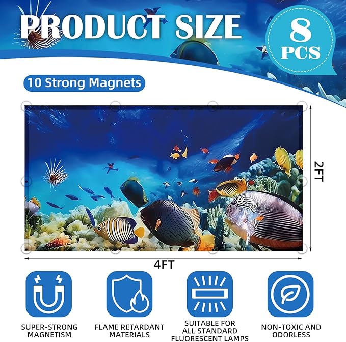 ANGSYLTH 8 Pcs Fluorescent Light Covers - 4 x 2 Feet Covers for Ceiling Lights, 8 x 10 Magnetic Light Filters for Classroom, Office, Hospitals (Underwater World)