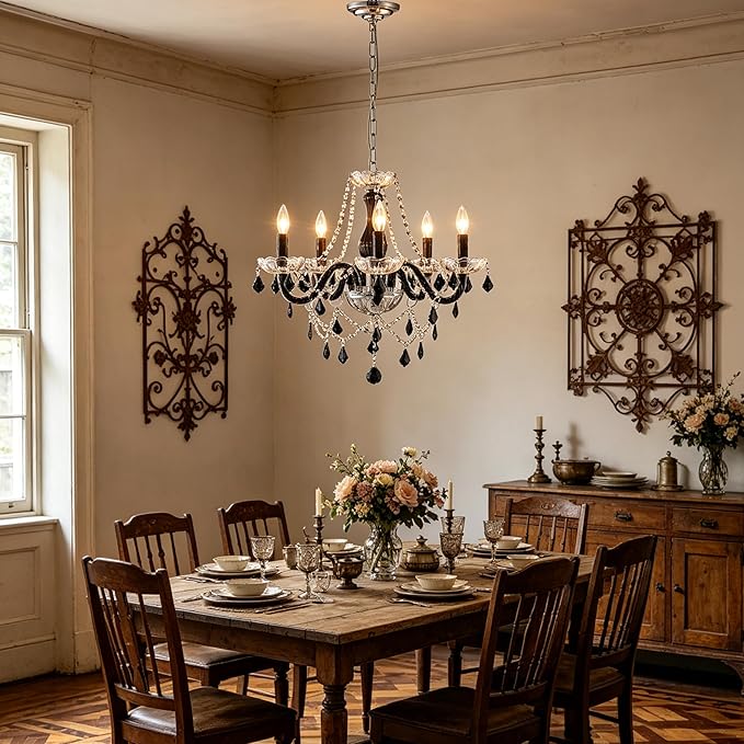 Saint Mossi Black and Clear Crystal Chandelier, Modern Pendant Ceiling Lighting Fixture for Dining Room,Bedroom,Living Room, D19 x H19 with Max 59", 5 E12 Socket, Adjustable Chain