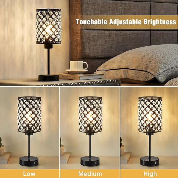 GyroVu Crystal Table Lamp, Black Lamp for Bedroom Nightstand with USB C+A Ports, Dimmable Touch Lamp with Crystal Shade, Bedside Lamp Small Lamp for Bedroom, Living Room, Office (Bulb Included)