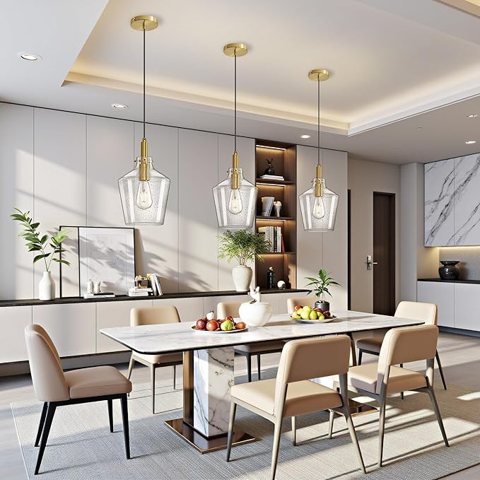 Modern Seeded Glass Pendant Lighting for Kitchen Island 1 Pack, Farmhouse Gold Pendant Light Fixtures, Height Adjustable Ceiling Pendant Light, Angled Seeded Glass Shades 8 Inch