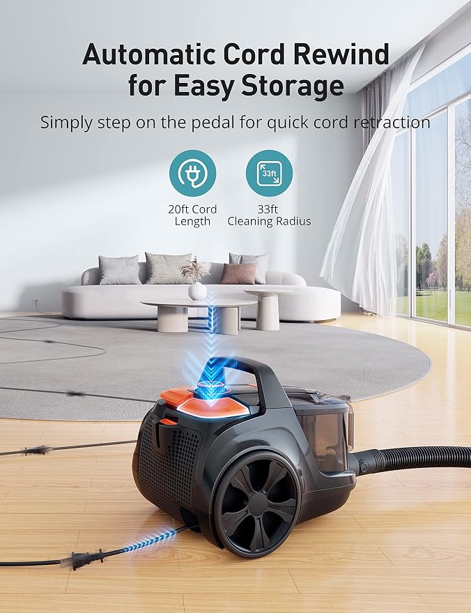 Aspiron Canister Vacuum Cleaner, 40Kpa Bagless Vacuum Cleaners, 4QT Large Dust Cup, Double HEPA Filter, Retractable Cord, 1600W Lightweight Vacuum Cleaner with 5 Tools for Hard Floors, Amber
