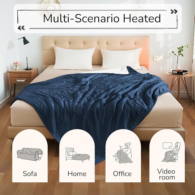 Electric Heated Blanket Queen Size 84"x90" – ETL Certified for Safe Overnight, 4 Heat Settings & 10H Auto Off, Dual-Sided Microplush Sherpa for Home Theater Night, Machine washable – Dark Blue