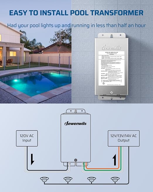 DEWENWILS 300W Low Voltage Pool Light Transformer, 120V AC to 12V/13V/14V AC, Multi-tap Safety Transformer for Pool Lighting, Spa, Underwater Fountain Lights, Outdoor Landscape Lights, UL Listed