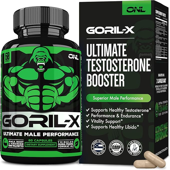 GORIL-X Testosterone Booster for Men - Workout Testosterone Supplements - Increase Size, Strength & Energy - 1000mg Male Enhancing Horny Goat Weed, Maca Root, Tongkat Ali & Tribulus Formula - 60 Caps
