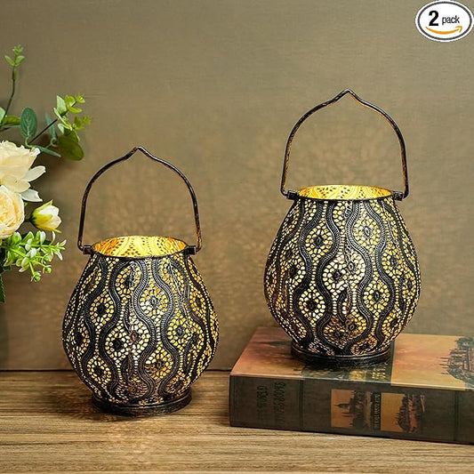 TRIROCKS Set of 2 Moroccan Decorative Lamps 8'' High Cordless Lamp Metal Table Lamps with Fairy Lights Bulb for Home Living Room Garden Yard Party Events Tabletop Indoor Outdoor(Black)