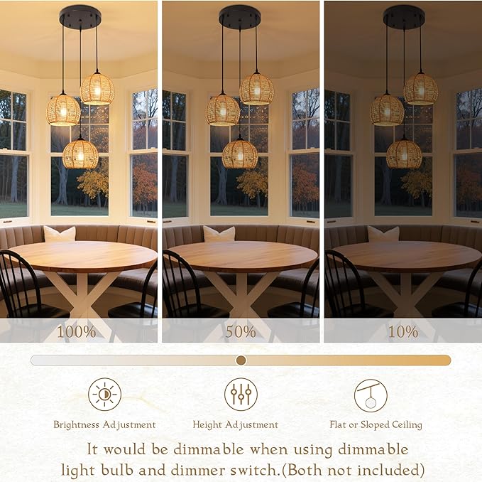 3-Light Mini Hemp Rope Woven Pendant Light Kitchen Island,3 Dome Hand Woven Boho Rattan Chandelier Farmhouse Wicker Ceiling Light,rustic Light Fixture For Living Room Hallway Dining Room(Bulb Incl.