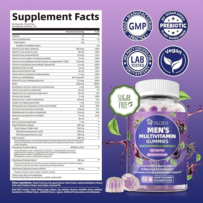 Multivitamines pour hommes, Gommes multivitaminées pour hommes avec Oméga-3, Probiotiques, Inositol, Folate, Biotine, Zinc, Vitamines A, C, D, E, B - Soutient le cœur, le cerveau, les muscles, l'énergie, Sans sucre, Saveur Mûre