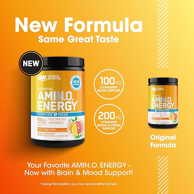 Optimum Nutrition Amino Energy Powder Plus Focus, with BCAA, Electrolytes, and Caffeine, Sunkissed Citrus, 30 Servings (Packaging May Vary)