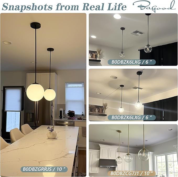 Bagood 14" Globe Pendant Light 3-Light Black Milk Glass Pendant Light Mid Century Modern Light Fixture Globe Pendant Lights Kitchen Island Matte Black Finished with Milk Glass Lampshade for Bedroom