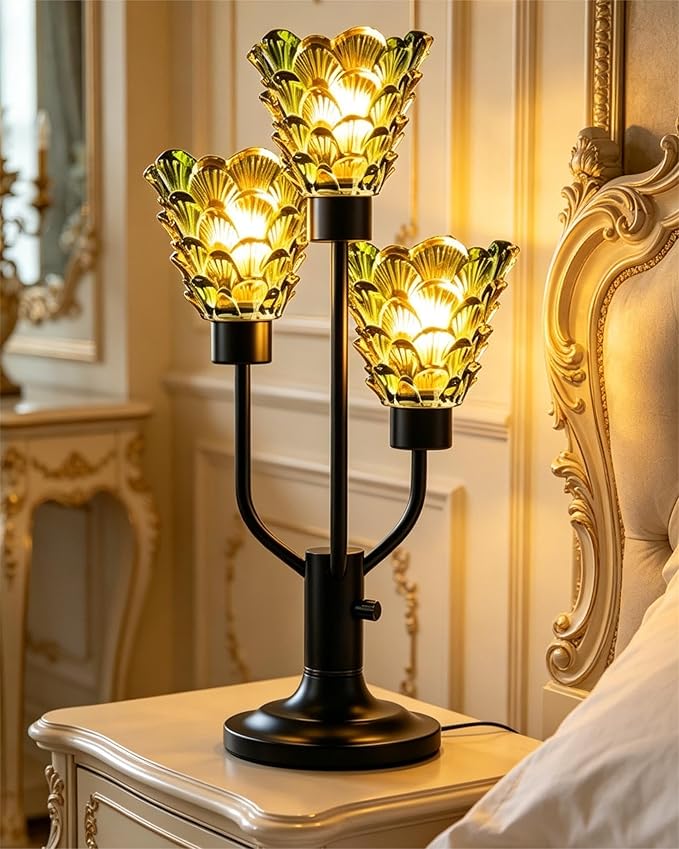 Glass Vintage Table Lamp Dimmable Nightstand Lamp Mid Century Modern Black Desk Lamp with Green Glass 3 Bulbs Included Warmwhite Ambient Bedside Lamps for Bedroom Living Room Office Home Decor