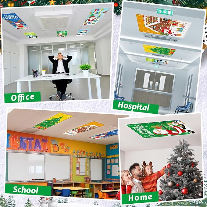 8 Pack Fluorescent Light Covers with 80 Magnets Decorative for Classroom Ceiling Light 4 x 2 Feet Magnetic Light Covers Filter Easy Install for Office School Hospitals Drop Ceiling Supplies(Christmas)
