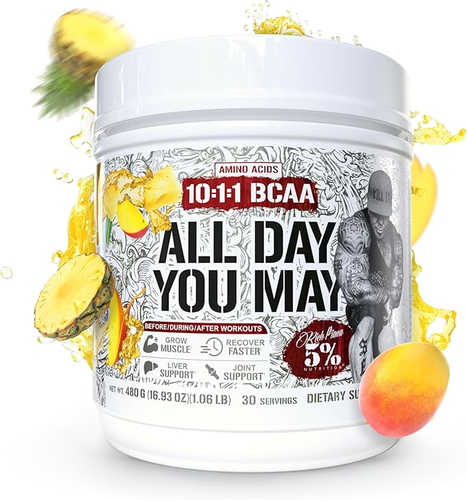 5% Nutrition Rich Piana AllDayYouMay BCAA Powder | Premium Intra & Post Workout Amino Acids, Hydration, Endurance, Muscle Recovery, Joint & Liver Support | 16.93 oz, 30 Servings (Mango Pineapple)