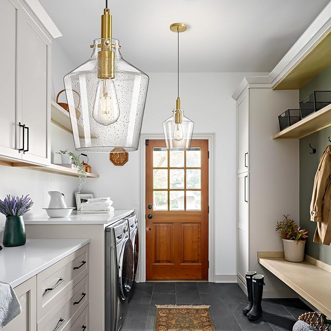 Modern Seeded Glass Pendant Lighting for Kitchen Island 1 Pack, Farmhouse Gold Pendant Light Fixtures, Height Adjustable Ceiling Pendant Light, Angled Seeded Glass Shades 8 Inch