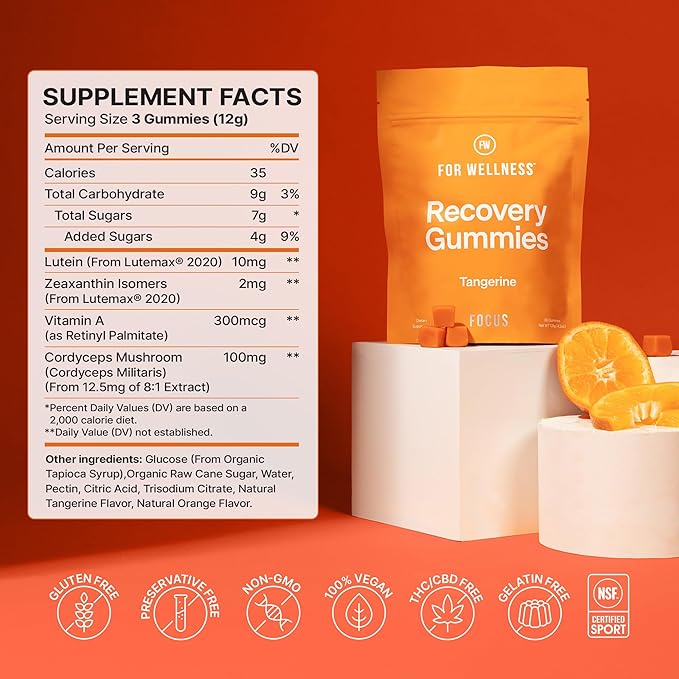 For Wellness Recovery Gummies | Tangerine Eye & Brain Support Supplements with Lutemax 2020®, Lutein, Zeaxanthin, Vitamin A & Cordyceps for Vision, Memory & Stress Support | Vegan, Non-GMO, 90 Count