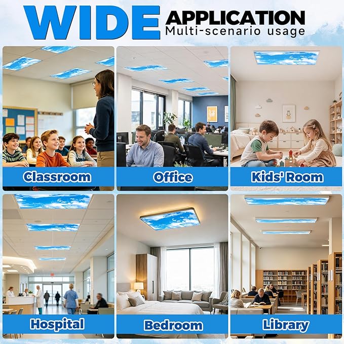 Aheroi Fluorescent Light Covers, 12Pcs 4 x 2 Feet Ceiling Light Covers Classroom, Magnetic Cover for Lights, Office Cloud Lights for Ceiling Decor Fixture Replacement Globes & Shades(Cloud Blue Sky)